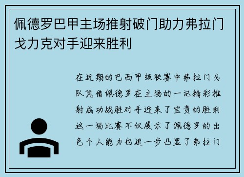 佩德罗巴甲主场推射破门助力弗拉门戈力克对手迎来胜利 佩德罗巴甲主场推射破门助力弗拉门戈力克对手迎来胜利