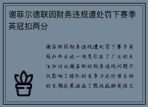 谢菲尔德联因财务违规遭处罚下赛季英冠扣两分 谢菲尔德联因财务违规遭处罚下赛季英冠扣两分