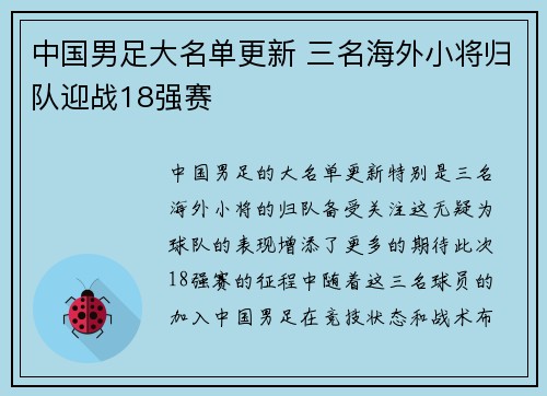 中国男足大名单更新 三名海外小将归队迎战18强赛 中国男足大名单更新 三名海外小将归队迎战18强赛